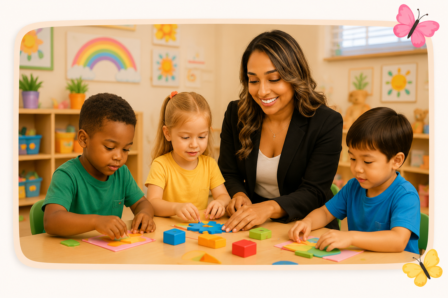 Teacher engaging with three young children at a learning table at Mini Blossoms Daycare