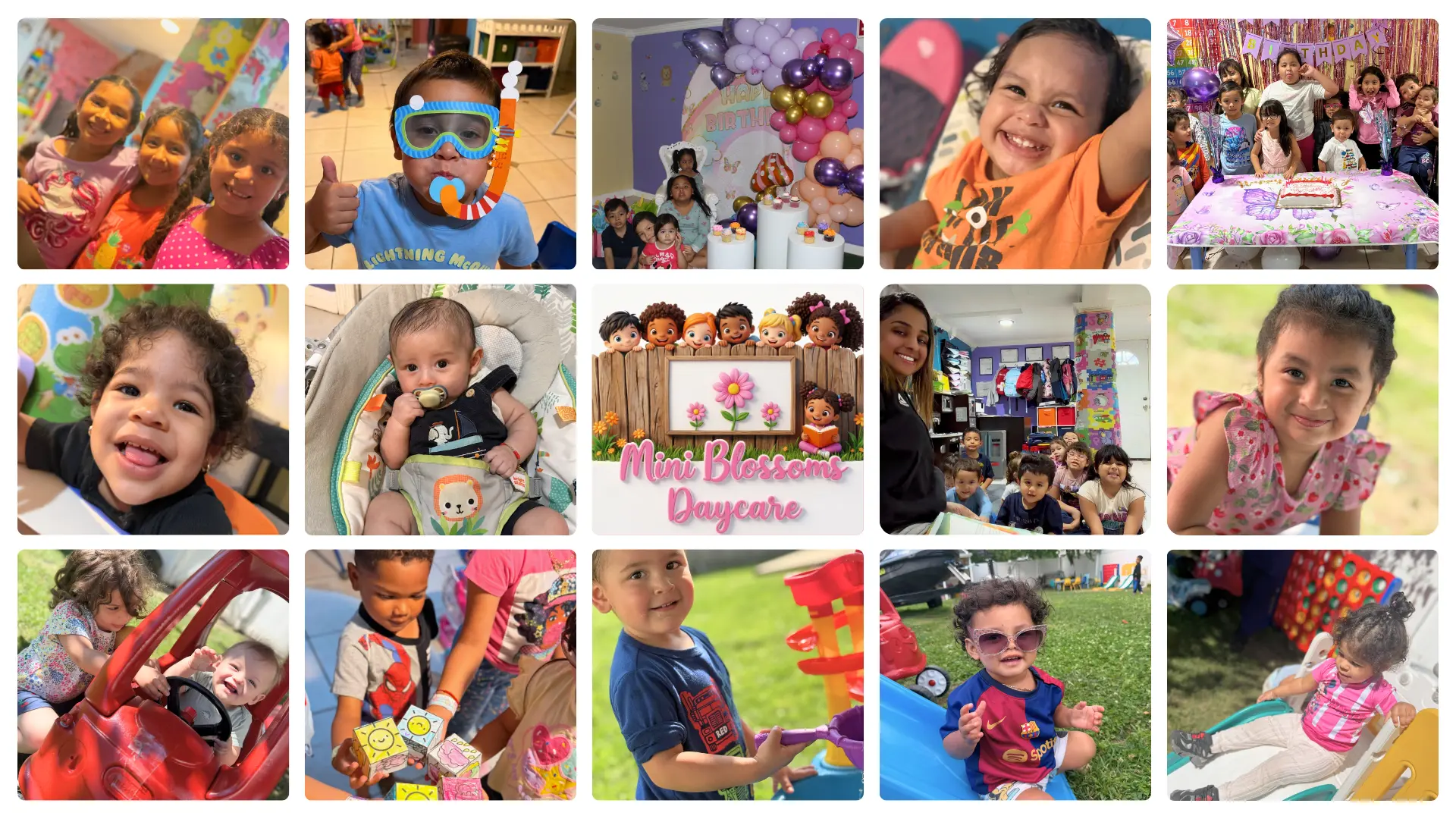 Collage of children playing, learning, and celebrating at Mini Blossoms Daycare